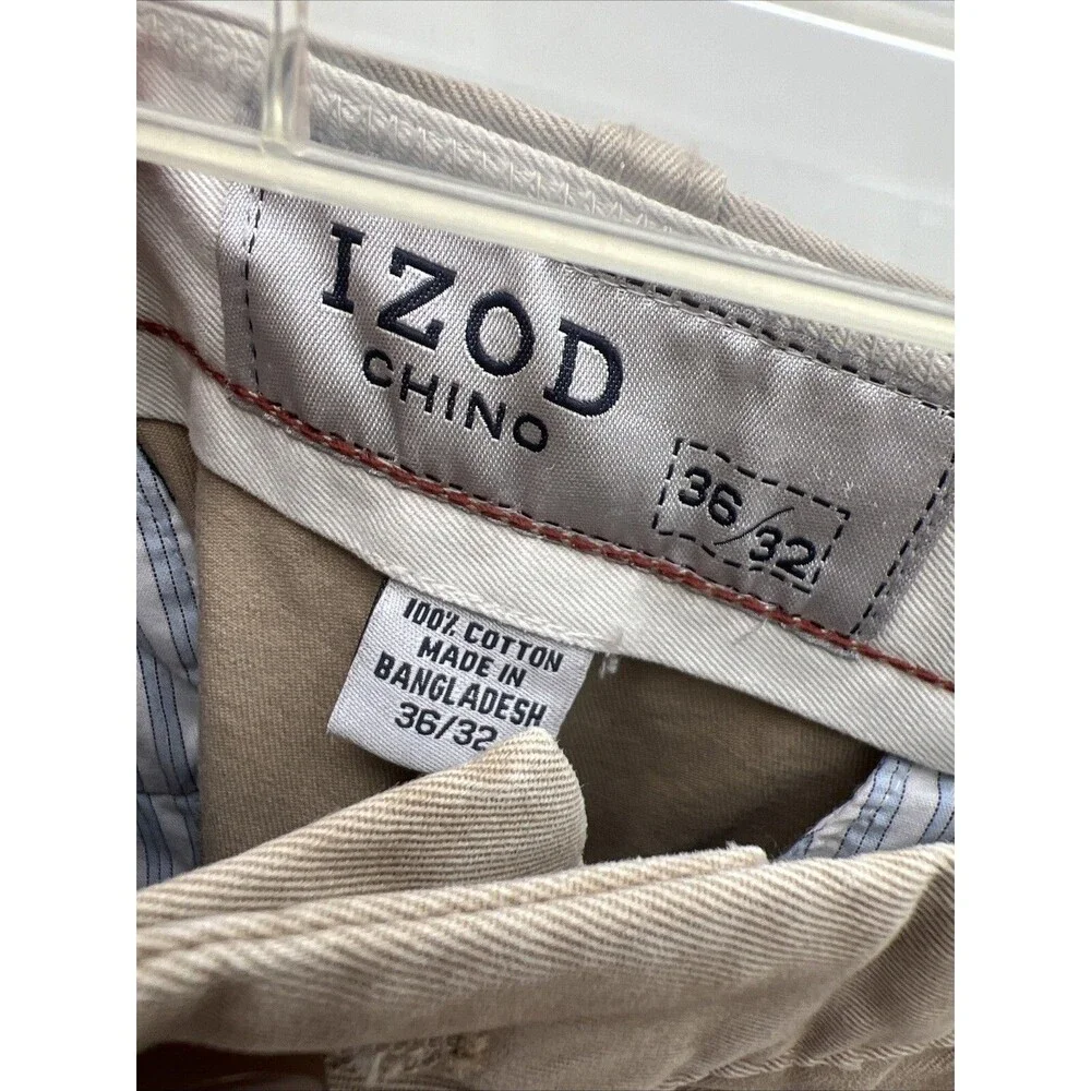 IZOD American Chino Mens Pants Classic Fit Size 36x32 Khaki Pleated 100% Cotton